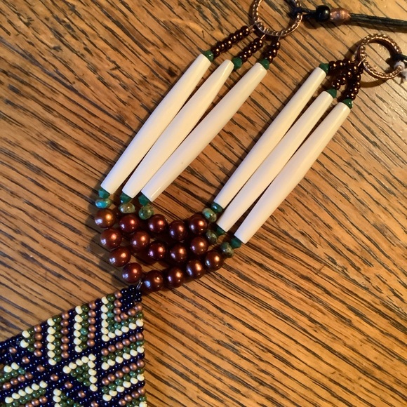 Turquoise Hair pipe Boho Pearl Festival Necklace with Fringed Beaded Pendant - Picture 3 of 3